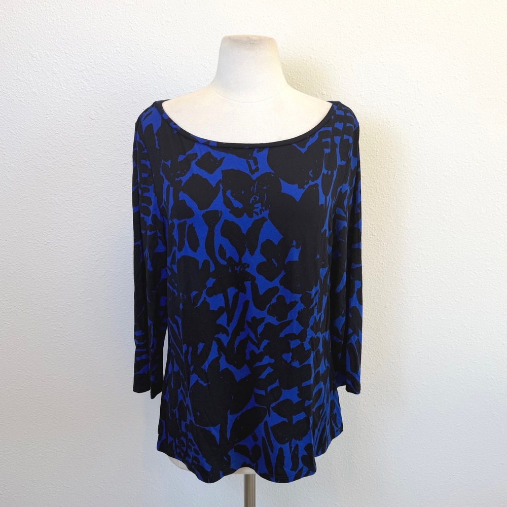 St. John For Nordstrom Blue Floral Blouse Womens Large Stretchy Quarter Sleeve